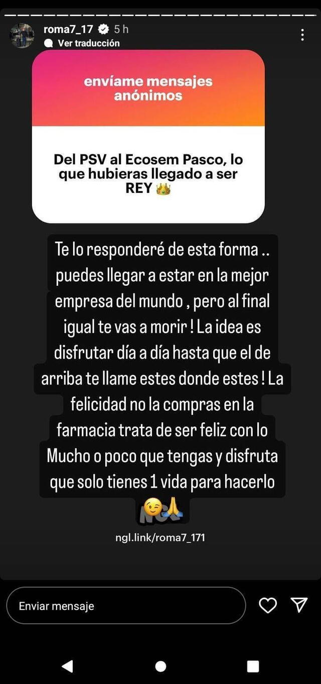  Mensaje de Reimond Manco tras la consulta del usuario. Foto: Captura Instagram  