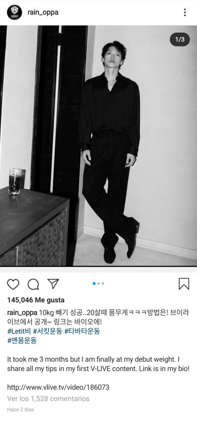 Publicación de Bi Rain en Instagram anunciando su perdida de peso. 17 de abril, 2020.