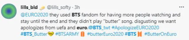 ARMY pidiendo explicación a la EUFA por no haber oído durante la transmisión televisiva "Butter" de BTS. Foto: captura Twitter