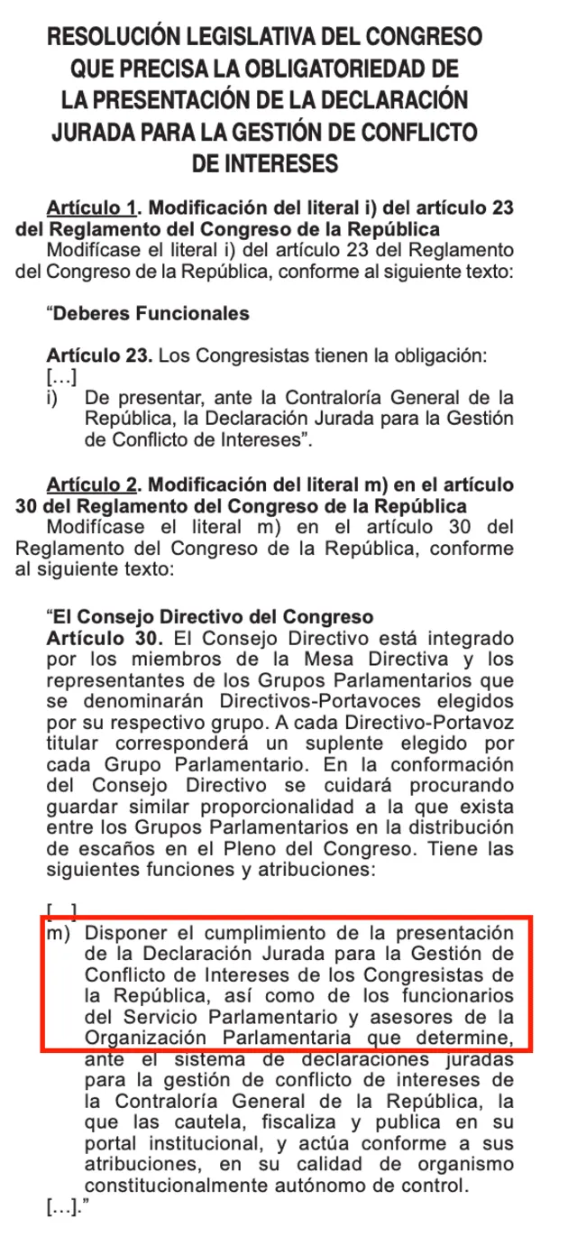 Resolución del Congreso sobre la obligatoriedad de presentar declaración jurada par la gestión de conflicto de intereses.