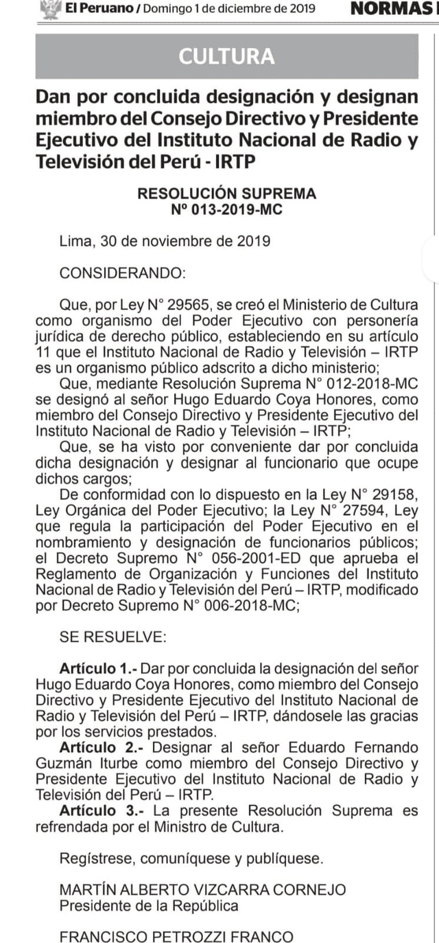 Resolución Suprema firmada por Petrozzi y Vizcarra, la cual ordena la concluir la gestión de Hugo Coya.