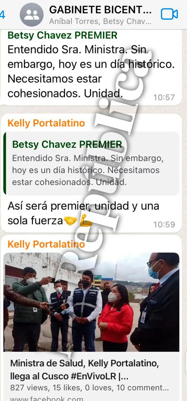 Mensajes de chat grupal del último gabinete de Pedro Castillo