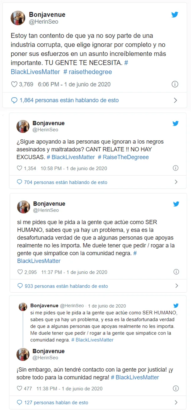 El ex aprendiz de SM Rookies y concursante de Idol School Seo Herin habla y muestra su apoyo a Black Lives Matter en Twitter.