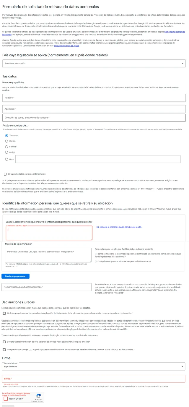 Este es el “Formulario de solicitud de retirada de datos personales”. Foto: Google