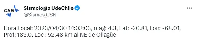 Reporte del último temblor en Chile hoy, 30 de abril. Foto: Sismos_CSN/ Twitter    