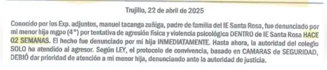 Carta notarial enviada por el padre de la menor agraviada. Foto: LR   