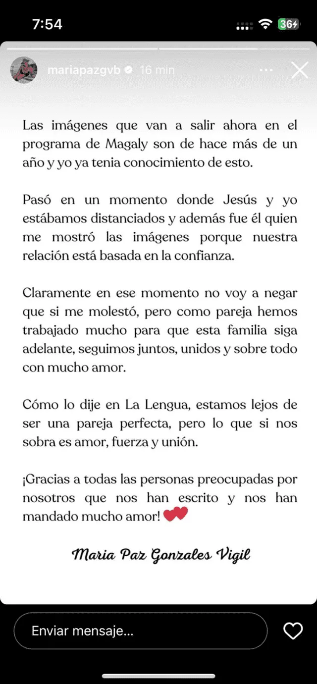 Horas después de emitirse un adelanto del 'ampay' de Jesús Alzamora, su esposa se pronunció en redes. Foto: Instagram.   