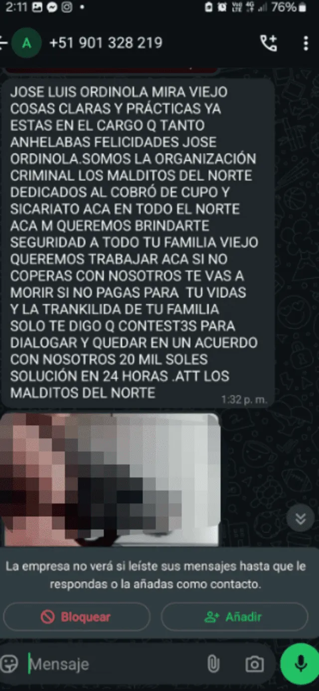 Amenaza contra Ordinola.   