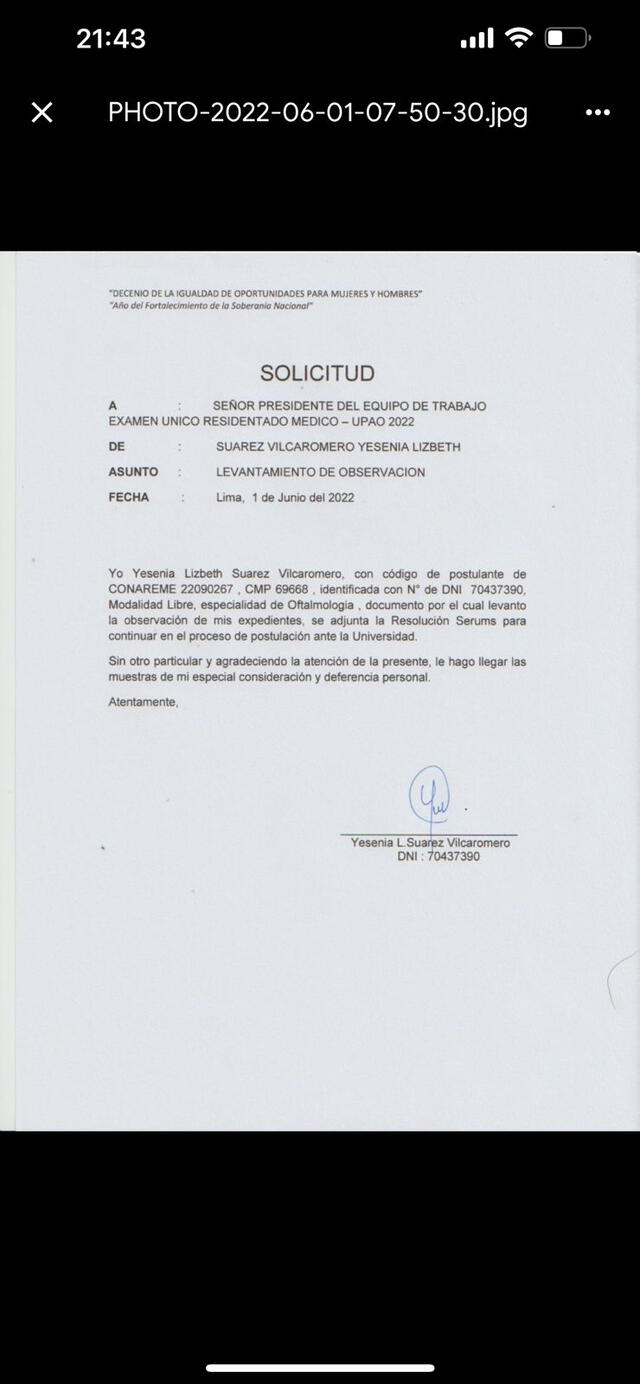 La solicitud de levantamiento de la observación hecha solicitada por Suárez. Foto: captura.