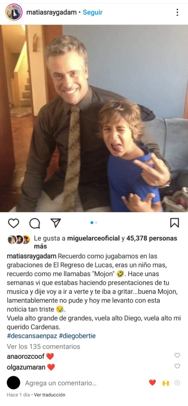 5/8/2022 | Publicación de Matias Raygada  tras la muerte de Diego Bertie. Foto: captura Matias Raygada /Instagram