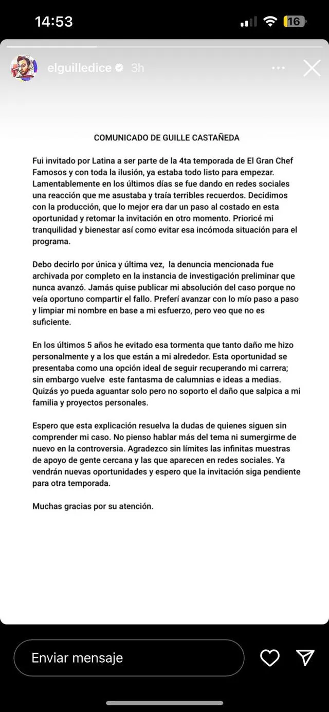  Guillermo Castañeda rompió su silencio. Foto: Captura de Instagram.    