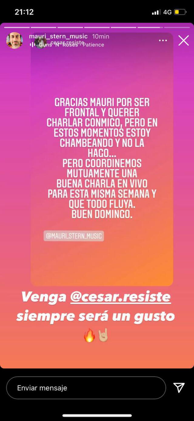 Respuesta de Mauri Stern a la invitación de César Osorio. Foto: Instagram