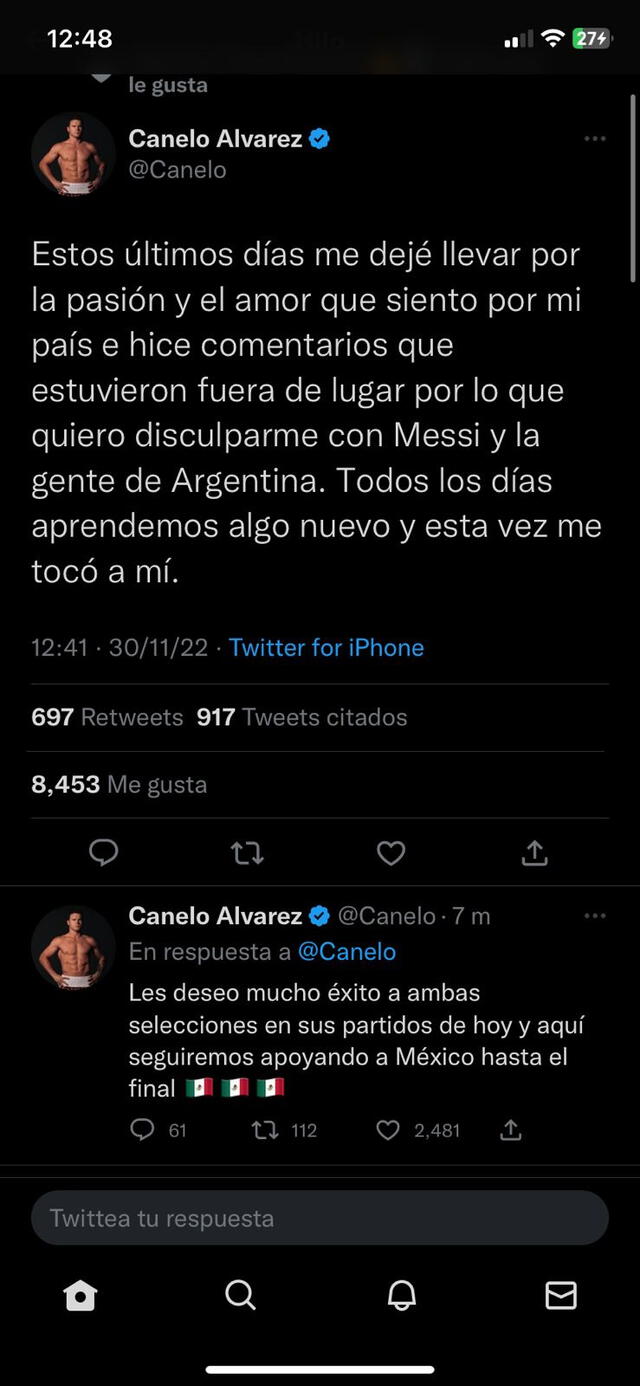 Mensaje de 'Canelo' Álvarez a Lionel Messi. Foto: captura de Twitter