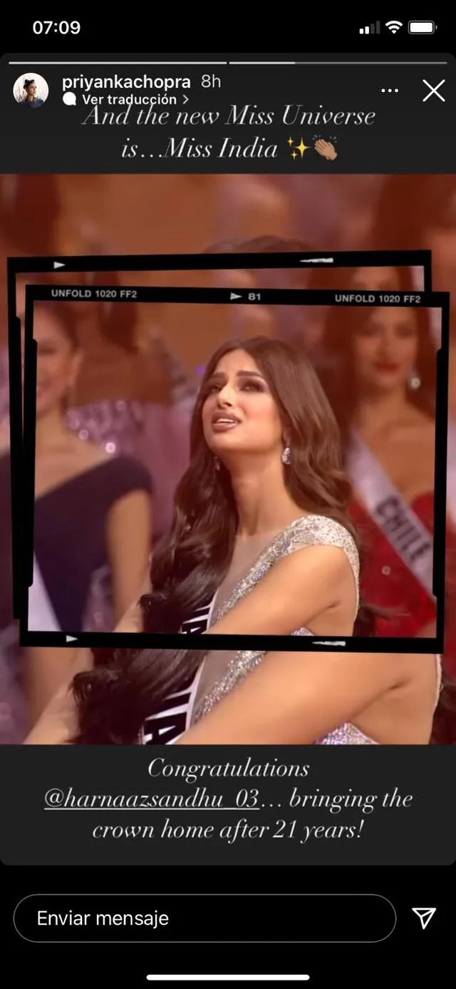 Priyanka Chopra felicita a Harnaaz Sandhu, Miss India, por traer la corona a su país. Foto: Priyanka Chopra/Instagram