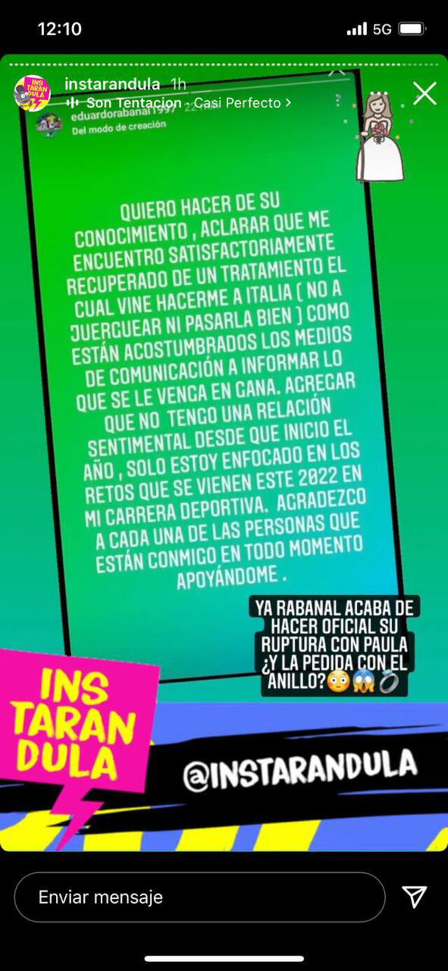 Eduardo Rabanal anuncia el fin de su relación. Foto: captura/Instagram