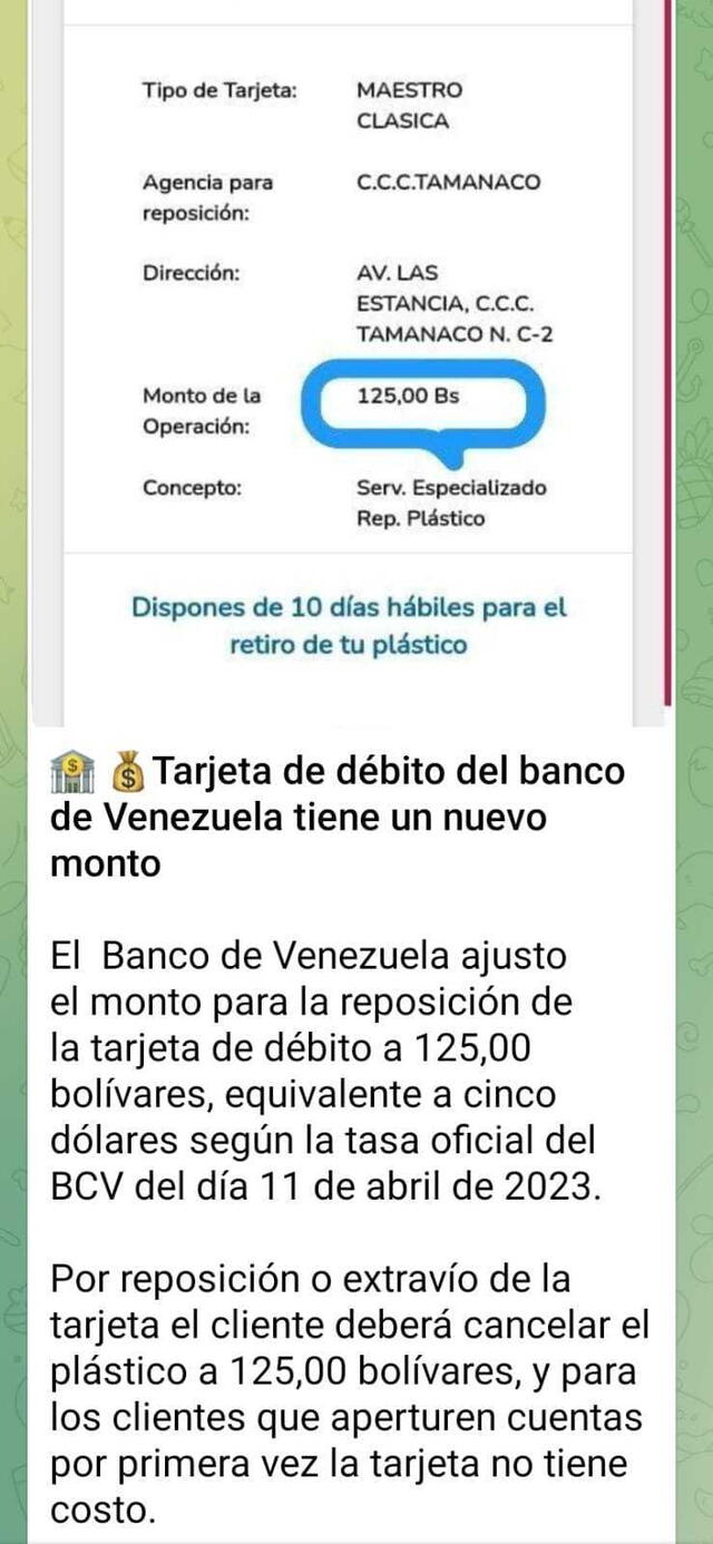 La reposición de la tarjeta débito del BDV tuvo un aumento en su costo. Foto: Telegram/CanalPatriaDigital   