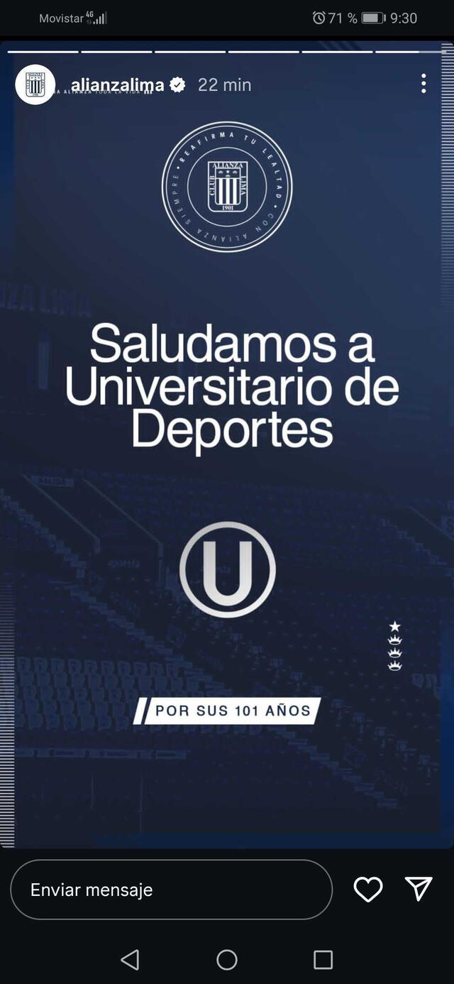Saludo de Alianza Lima a Universitario por su aniversario. Foto: captura de Instagram/Club Alianza Lima 