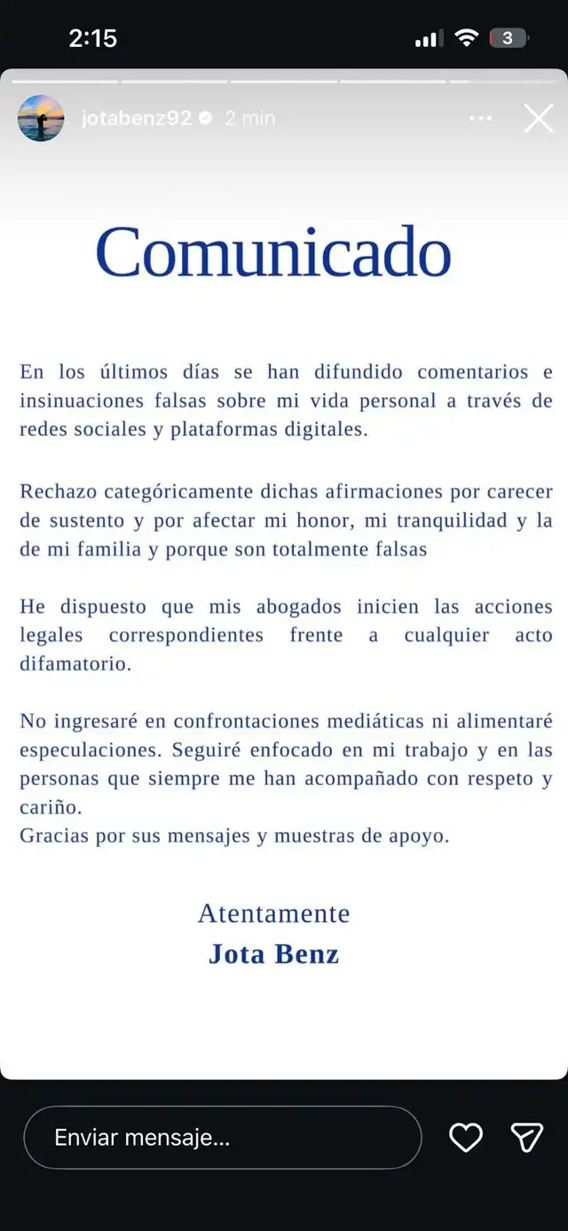Comunicado de Jota Benz ante rumores de infidelidad a Angie Arizaga. Comunicado de Jota Benz ante rumores de infidelidad a Angie Arizaga.