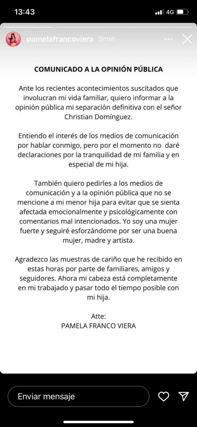  Pamela Franco confirma su separación de Christian Domínguez tras ampay. Foto: Instagram/Pamela Franco   