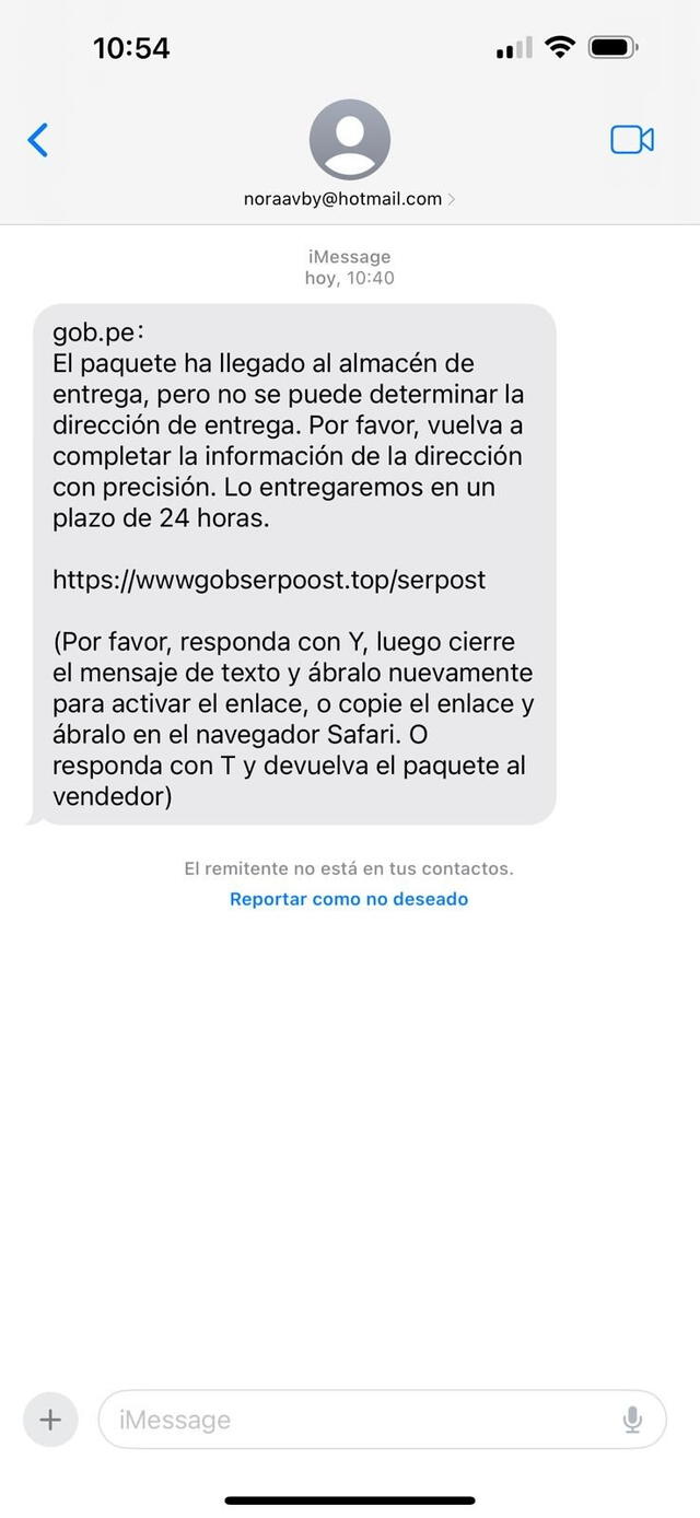  Ejemplo de mensaje de texto falso. Foto: @ximelae / captura de Twitter   