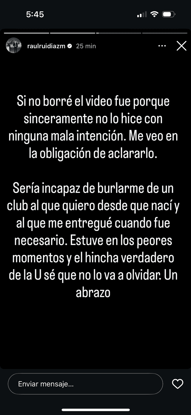 Mensaje de Raúl Ruidíaz. Foto: Instagram. Mensaje de Raúl Ruidíaz. Foto: Instagram.