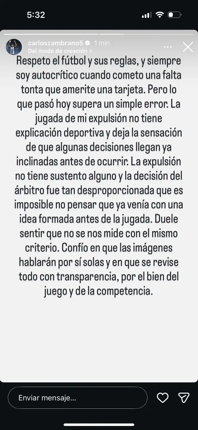 Mensaje de Carlos Zambrano. Foto: Instagram. Mensaje de Carlos Zambrano. Foto: Instagram.