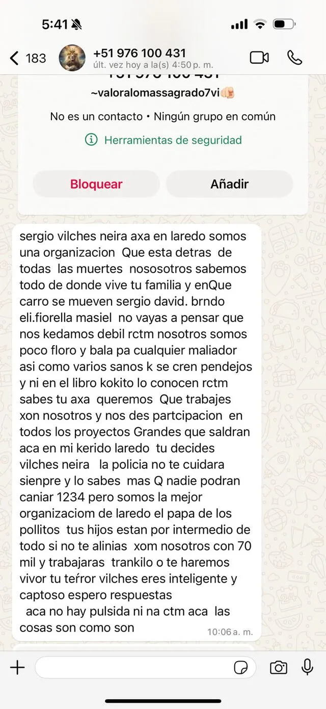 Así son los mensajes que recibe el alcalde de Laredo en Trujillo por parte de extorsionadores. Foto: Sergio Verde - La República   