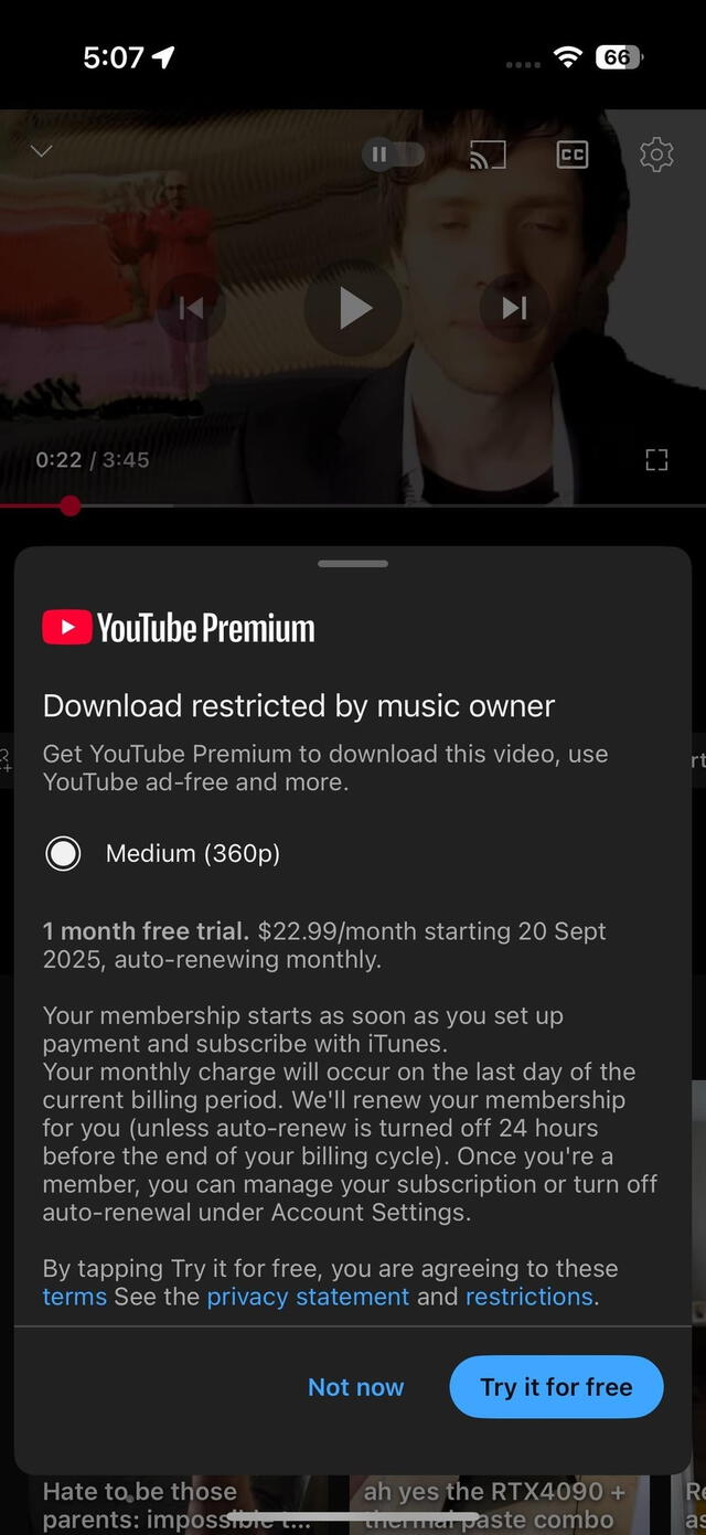  No se podrán descargar videos musicales, a menos que pagues la versión premium. Foto: Reddit   