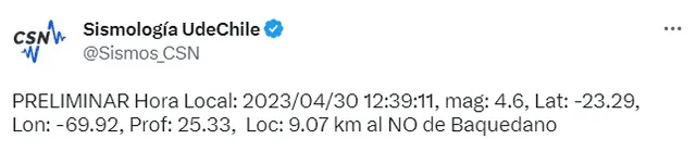 Datos preliminares del último temblor en Chile hoy, 30 de abril. Foto: Sismos_CSN/ Twitter   