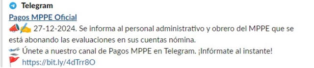  Revisa la fecha en la que fueron depositadas las evaluaciones del MPPE. Foto: Pagos MPPE/Telegram    