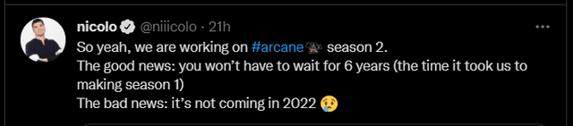 Nicolo Laurent, CEO de Riot Games, confirma que la segunda temporada de Arcane no llegará en 2022. Foto: captura Twitter