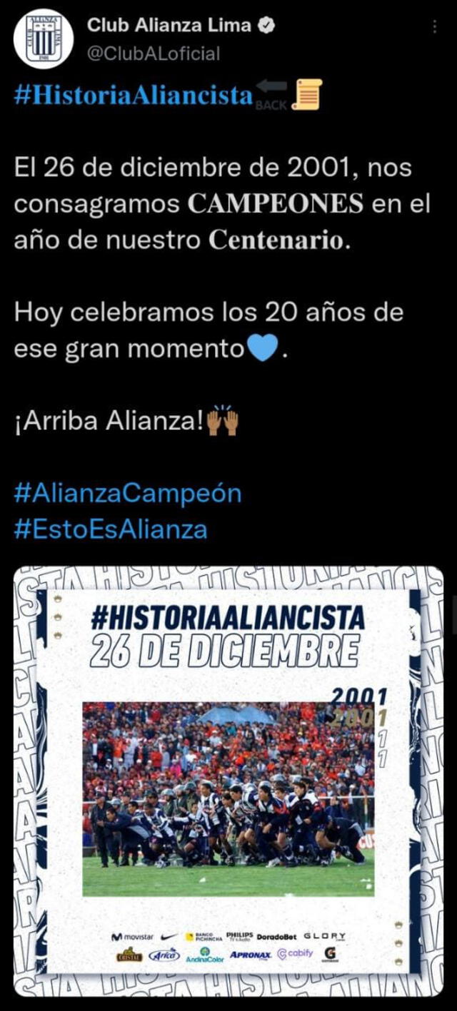 Alianza Lima recuerda su campeonato del 2001. Foto: captura Twitter