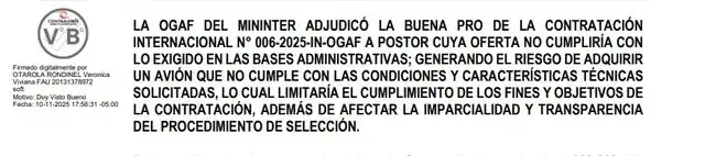 La Contraloría confirma que el avión comprado por el Mininter no es el que solicitó la Dirección de Aviación Policial.