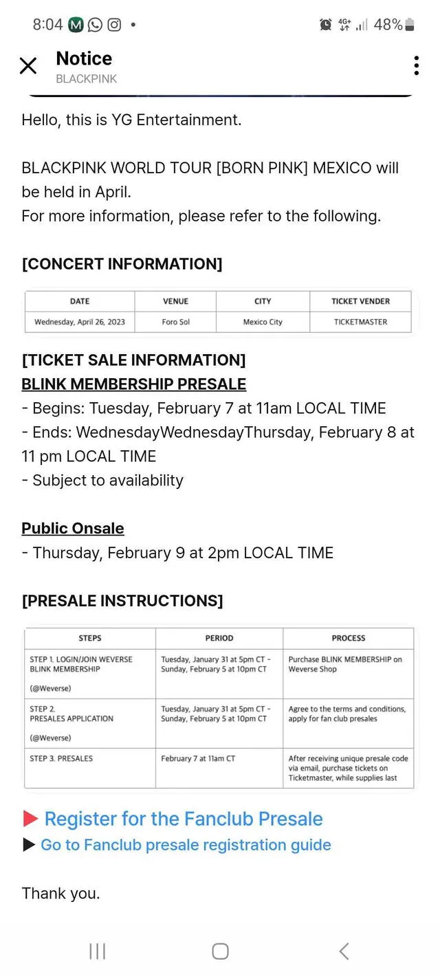 Registro para comprar entradas en la preventa BLINK MEMBERSHIP. Foto: Twitter   