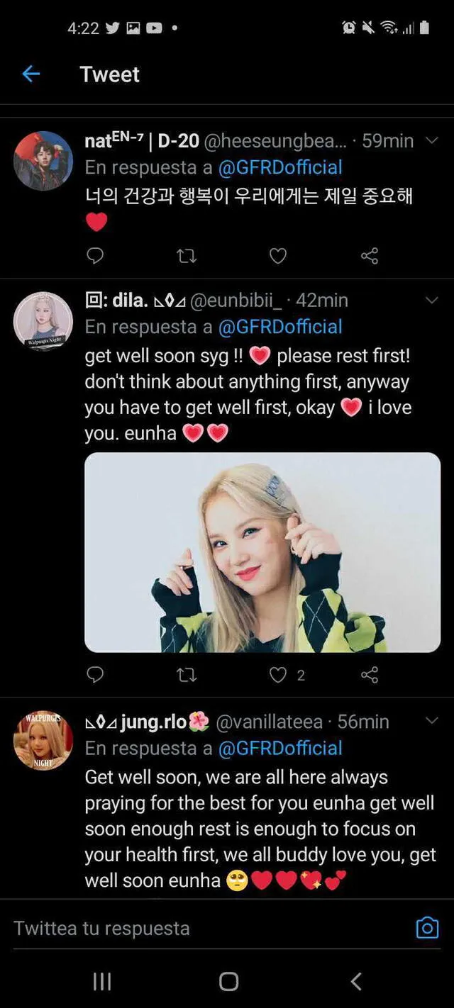 Comentarios de fans sobre la salud de Eunha de GFRIEND. Foto captura Twitter