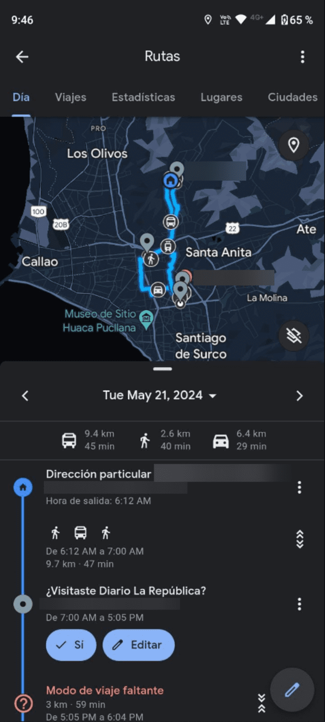 Interfaz que muestra tus trayectos con detalles. Foto: captura de Google Maps 
