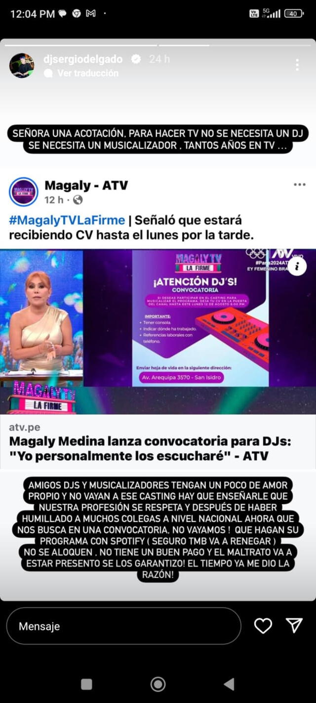 Ex DJ de Magaly Medina lanza fuerte publicación en su contra. Foto: Instagram/Sergio Delgado   