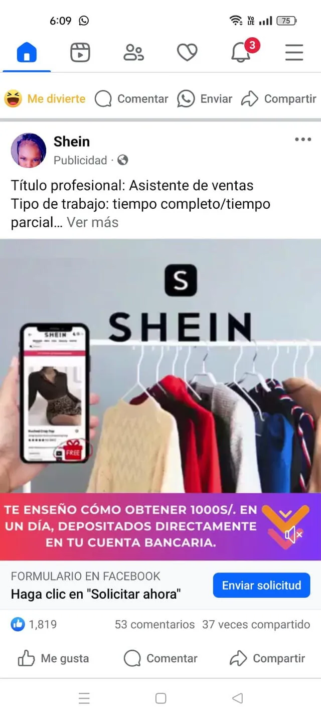 Falsa publicidad de tienda Shein. Foto: captura    