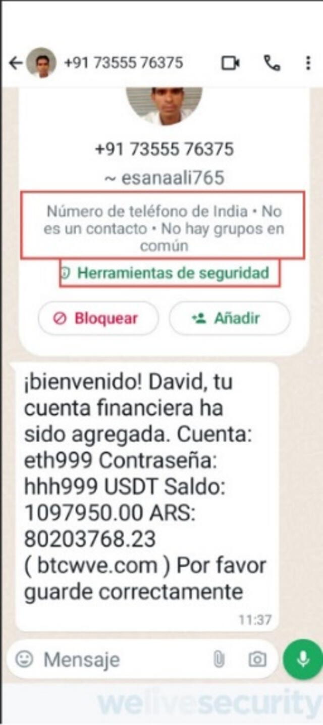  Mensaje de estafa que circula en WhatsApp. Foto: ESET   