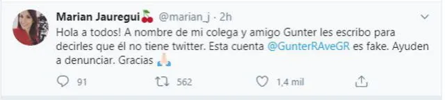 Mensaje de Marián Jauregui aclarando situación de Gunter Rave en Twitter.