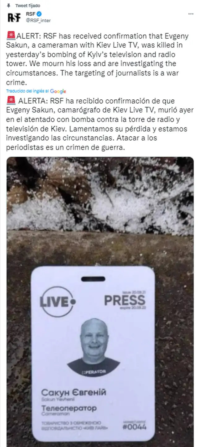 Guerra Rusia y Ucrania: periodista Evgeny Sakun muere en atentado ruso contra medio Kiev Live TV