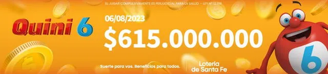 El Quini 6 de HOY, 6 de agosto, tendrá un premio de <strong>$615.000.000. 000 peso</strong>. Foto: Quini 6    