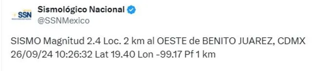 Sismo reciente en Benito Juarez, CDMX. FOTO: SSN