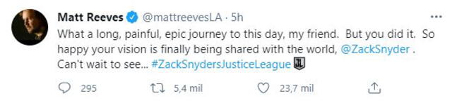 Matt Reeves comenta sobre la película Zack Snyder’s Justice League. Foto: captura Twitter / Matt Reeves