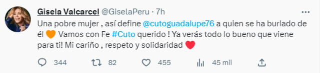  Gisela Valcárcel se pronuncia en redes tras ampay de pareja de 'Cuto' Guadalupe. Foto: Twitter/ @GiselaPeru<br><br>    