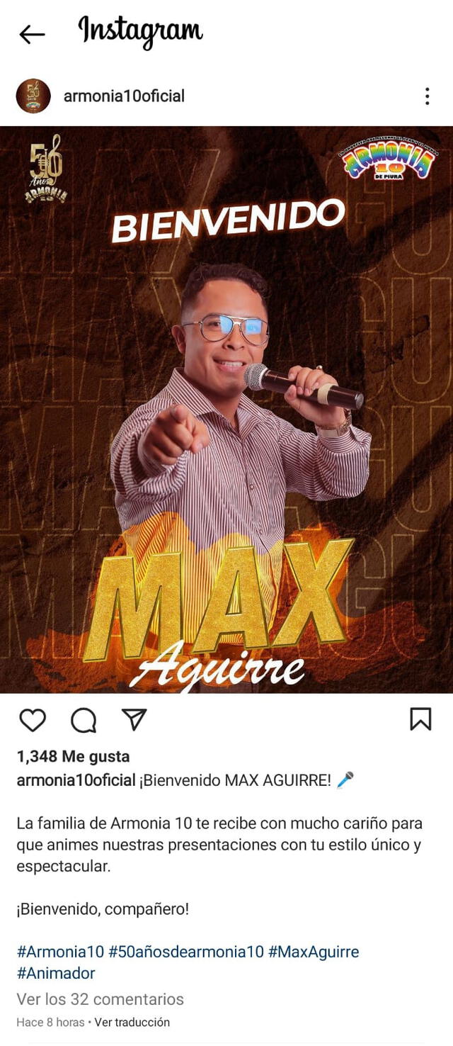 7.10.2022 | Publicación de Armonía 10 anunciando el ingreso de Max Aguirre. Foto: captura Armonía 10/Instagram
