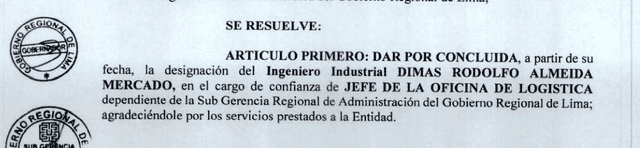 Cese de servicios de Dimas Almeida en el Gobierno Regional de Lima. Foto: captura documento