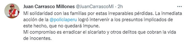 Mensaje del Ministro del Interior en Twitter sobre el crimen de Ancón.