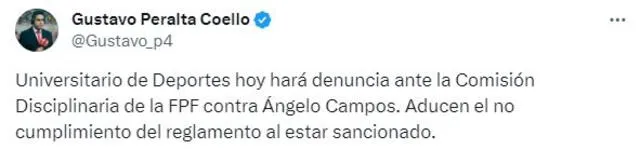 Tuit del comunicador Gustavo Peralta con respecto al caso de Ángelo Campos. Foto: captura de X/Gustavo Peralta   