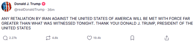 Trump promises to fight back if Iran retaliates. Photo: @realDonaldTrump/ Truth Social Trump promises to fight back if Iran retaliates. Photo: @realDonaldTrump/ Truth Social